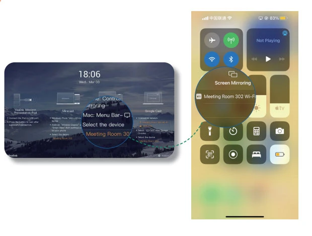 Bước 2: Mở Control Center, chọn Screen Mirroring, chọn tên thiết bị của RoomCast và nhập mã PIN để bắt đầu phản chiếu.

