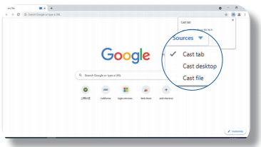 Bước 2: Trên Google Chrome, chọn> Cast. Trên tab Cast, nhấp vào Source để chọn nguồn mong muốn, ví dụ: tab, màn hình và tệp.
