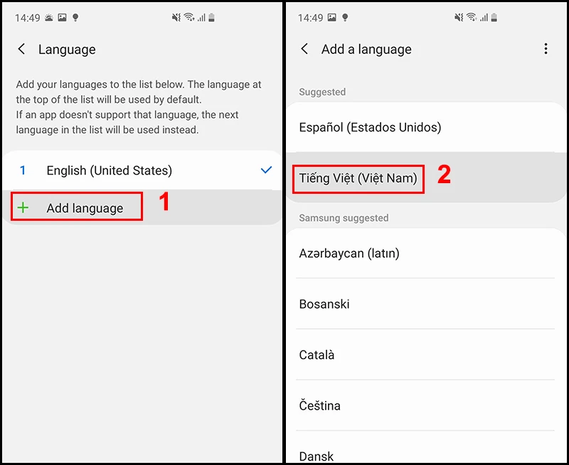 Bạn vào Cài đặt (Settings) nhấn vào biểu tượng Kính lúp > Nhập từ "Language" hoặc "Ngôn ngữ" vào thanh tìm kiếm > Language and input (Ngôn ngữ và nhập liệu).