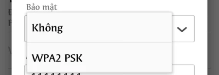 Bảo mật: Thiết lập bảo mật cho Wifi, chọn&nbsp;WPA2 PSK&nbsp;để đặt mật khẩu, chọn&nbsp;Không&nbsp;để không đặt mật khẩu.