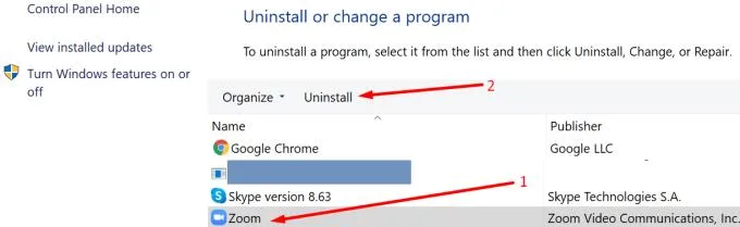 Đi tới Bảng điều khiển → Chương trình và Tính năng → Gỡ cài đặt chương trình → chọn Thu phóng → nhấp vào Gỡ cài đặt.