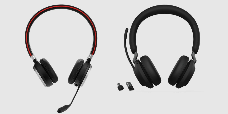 Jabra Evolve2 65 (phải) lớn hơn Evolve 65 (trái).