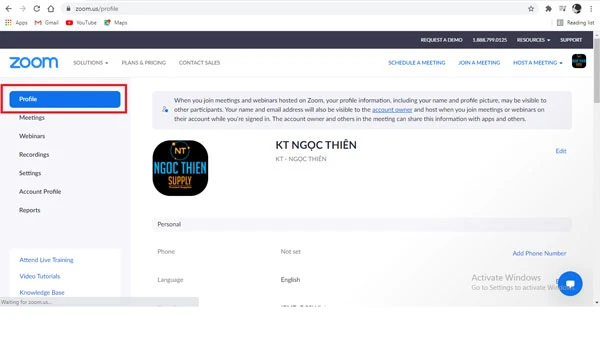 Menu bên trái chọn Profile