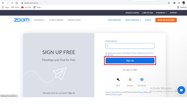 Nhập email mà bạn muốn đăng ký, nhấp chọn sign up.