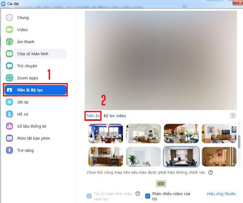 Chọn Nền ảo & Bộ lọc, sau đó nhấp vào Nền ảo