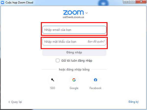 Nhập Email và Mật khẩu tài khoản Zoom của bạn