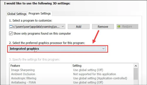 Trong Chọn bộ xử lý đồ họa ưa thích cho chương trình này, hãy chọn Integrated graphics