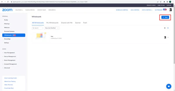 Nhấp vào + New ở trên cùng bên phải để tạo bảng trắng mới.