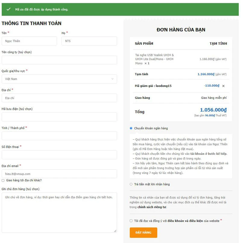 Sau khi nhập thành công mã giảm giá, tiếp theo bạn cần điền thông tin vào form bên dưới như sau: