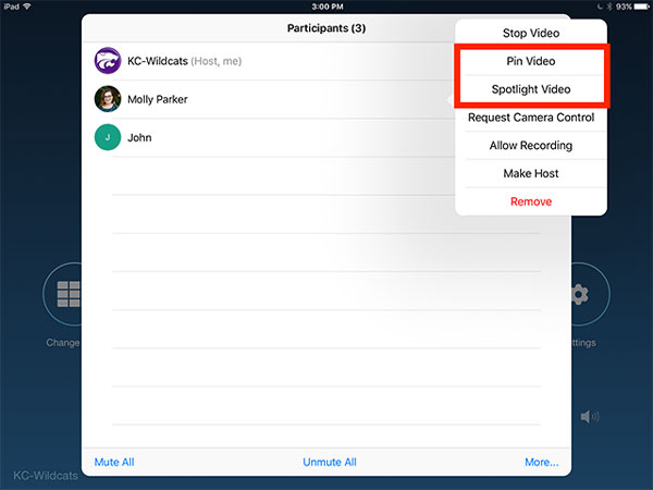 Nhấn vào Tên máy chủ hoặc Người tham gia> nhấn vào Pin hoặc Spotlight Video