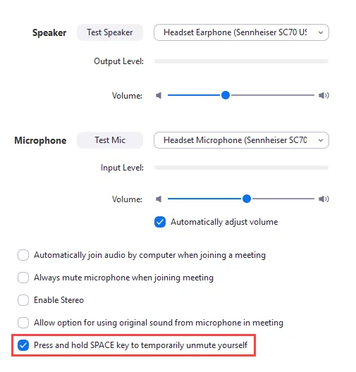 Chọn tùy chọn Press and hold SPACE key to temporarily unmute yourself (Nhấn và giữ phím SPACE (CÁCH) để tạm thời bật tiếng cho chính bạn).