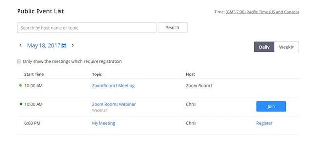 công khai danh sách sự kiện trên Zoom
