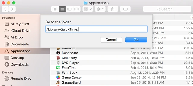 Trong cửa sổ xuất hiện, nhập / Library / QuickTime /