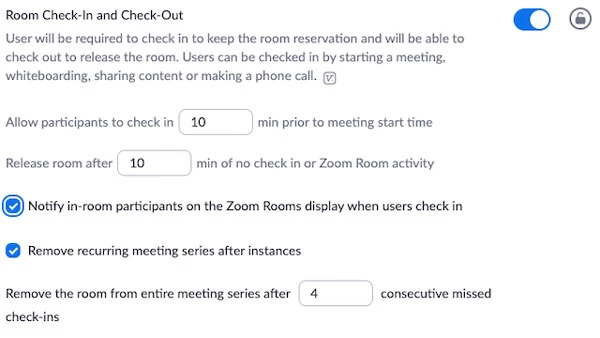Bật tính năng nhận phòng và trả phòng của Zoom Rooms
