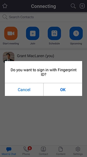 Bạn sẽ thấy một thông báo bật lên yêu cầu bạn đăng nhập bằng ID vân tay.