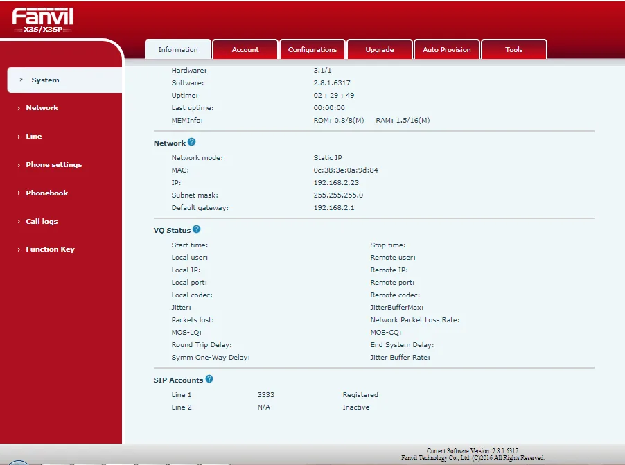 Sau khi đã làm hết các bước như trên, các bạn quay lại tab Information ở mục SIP accounts > Line 1 có trạng thái là Registed nghĩa là đã khai báo thành công.