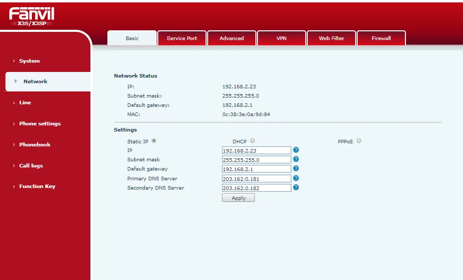 Lưu ý: để dễ dàng cho việc quản lý và quản trị, mình khuyên các bạn nên đặt IP tĩnh cho IP phone. Để cài IP tĩnh cho điện thoại các bạn vào mục Network > Basic. Sau đó tích chọn vào mục Static IP.