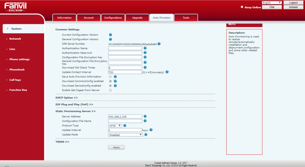 Khai báo địa chỉ IP; port; giao thức ở hai mục SIP plug & play(Pnp) và Static Provisioning Server. Sau đó nhớ ấn Apply để lưu lại.