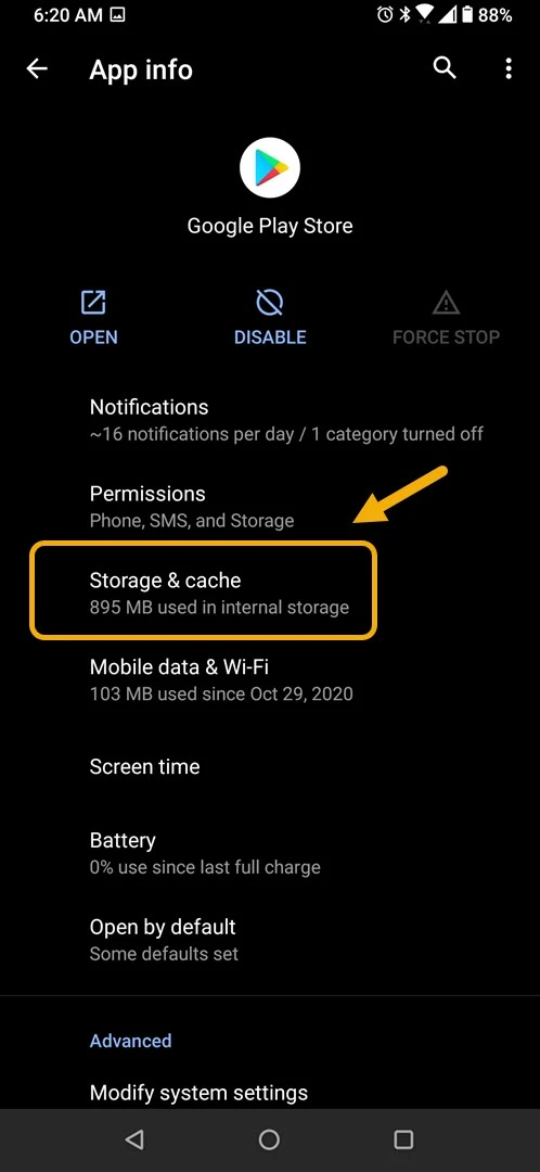 Nhấn vào Storage & Cache