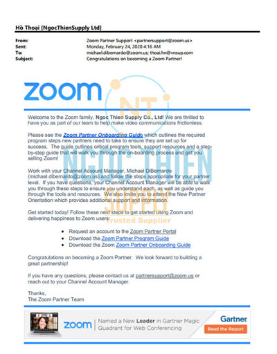 Giấy chứng nhận Ngọc Thiên là Solutions Partner của Zoom.us