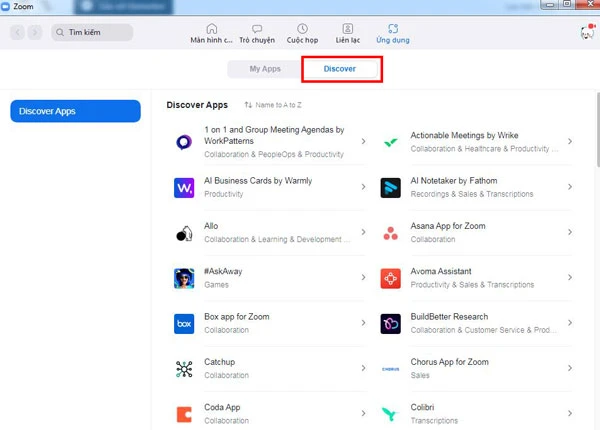 Chọn mục Discover (Khám phá) và bạn sẽ thấy kho ứng dụng, game để bạn tổ chức trò chơi, tạo câu hỏi đố vui trên Zoom
