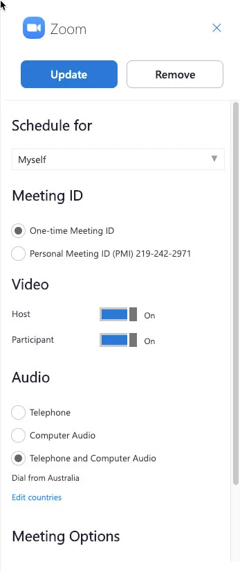 Thay đổi các tùy chọn cuộc họp của bạn và nhấp vào Update để áp dụng các thay đổi.