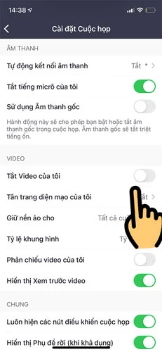 Gạt thanh trượt sang bên trái tại mục Tắt video của tôi để bật camera trên Zoom. Bạn có thể tắt camera khi gạt sang bên phải tại mục Tắt video của tôi.