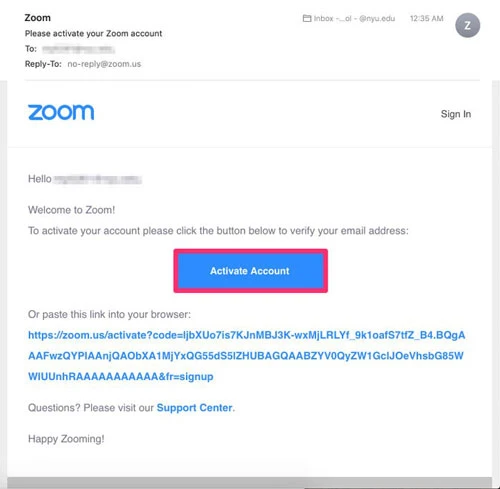 Nhấp vào nút Activate Account màu xanh lam