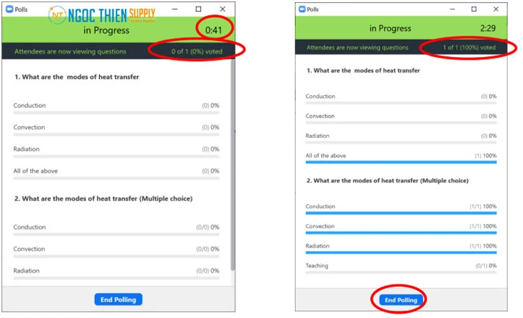 Khi đồng hồ đếm giờ bắt đầu chạy, giáo viên có thể chọn khoảng thời gian để kết thúc bài kiểm tra. Ngoài ra, với tính năng Poll của Zoom, giáo viên còn có thể xem bao nhiêu học sinh đã nộp bài và những đáp án phổ biến nhất là gì.