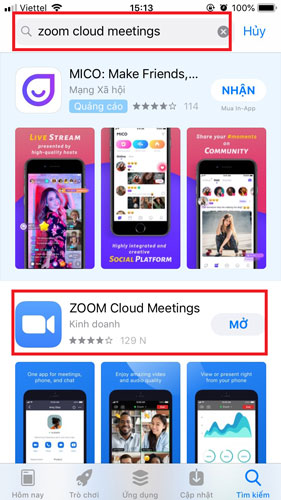 Bạn tìm kiếm ứng dụng Zoom Cloud Meetings rồi ấn NHẬN