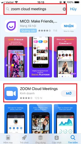 Bạn tìm kiếm ứng dụng&nbsp;Zoom Cloud Meetings&nbsp;rồi ấn&nbsp;NHẬN